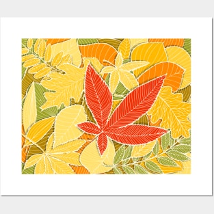 Autumn illustration with colorful fallen leaves Posters and Art